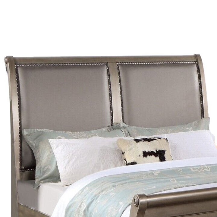 Ella Modern California King Bed, Faux Leather Upholstery, Nailhead, Gold - Benzara