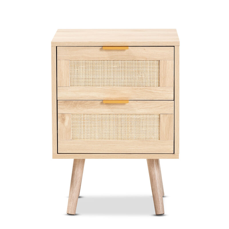 Baxton Studio Baird  Light Oak Brown Finished Wood and Rattan 2 Drawer End Table