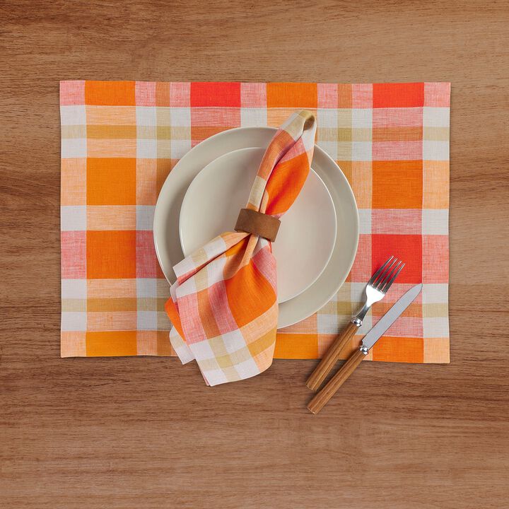 Solino Home 100% Pure Linen 14 x 19 Inch Placemats Set of 4 | Fall Buffalo Check