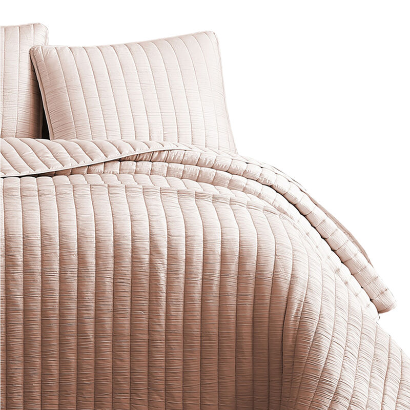 3 Piece Crinkles Queen Size Coverlet Set with Vertical Stitching, Pink-Benzara