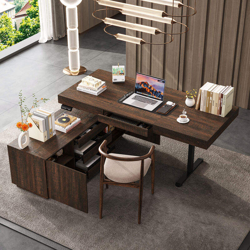 FUFU&GAGA Modern Brown Wood Grain Height-Adjustable Desk with Storage, P2 MDF, with Glass Drawers and Adjustable Shelves (70.9" W x 29.1"~44.1" H x 31.5" D), Brown