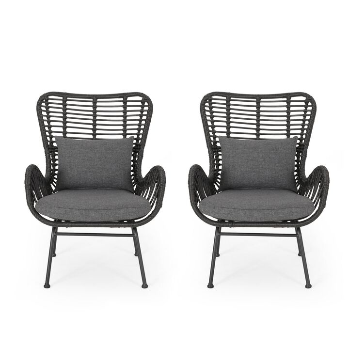 Slay Outdoor Accent Chair Set of 2, 25 Inch, Gray Woven Rattan, Iron Legs - Benzara