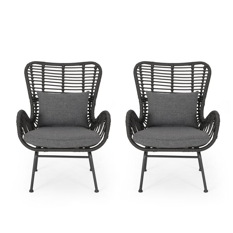 Slay Outdoor Accent Chair Set of 2, 25 Inch, Gray Woven Rattan, Iron Legs - Benzara