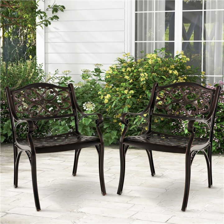 Cast Aluminum Dining Chairs Set of 2 with Patio Chairs Armrests Flower Pattern-Bronze