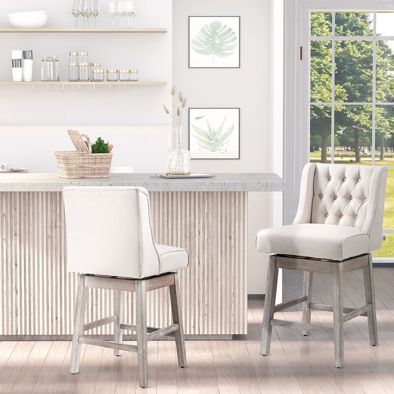 Beige Swivel Bar Stools: Set of 2, 27" Counter Height, Linen