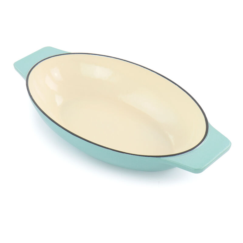 Martha Stewart 2 Piece Enameled Cast Iron Oval Casserole Birch Wood Trivet Set in Aqua