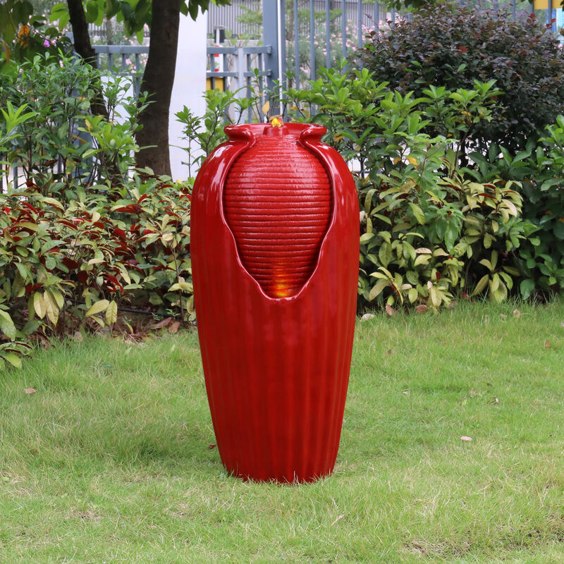 Teamson Home Indoor/Outdoor Contemporary Vase Water Fountain with LED Lights, Red