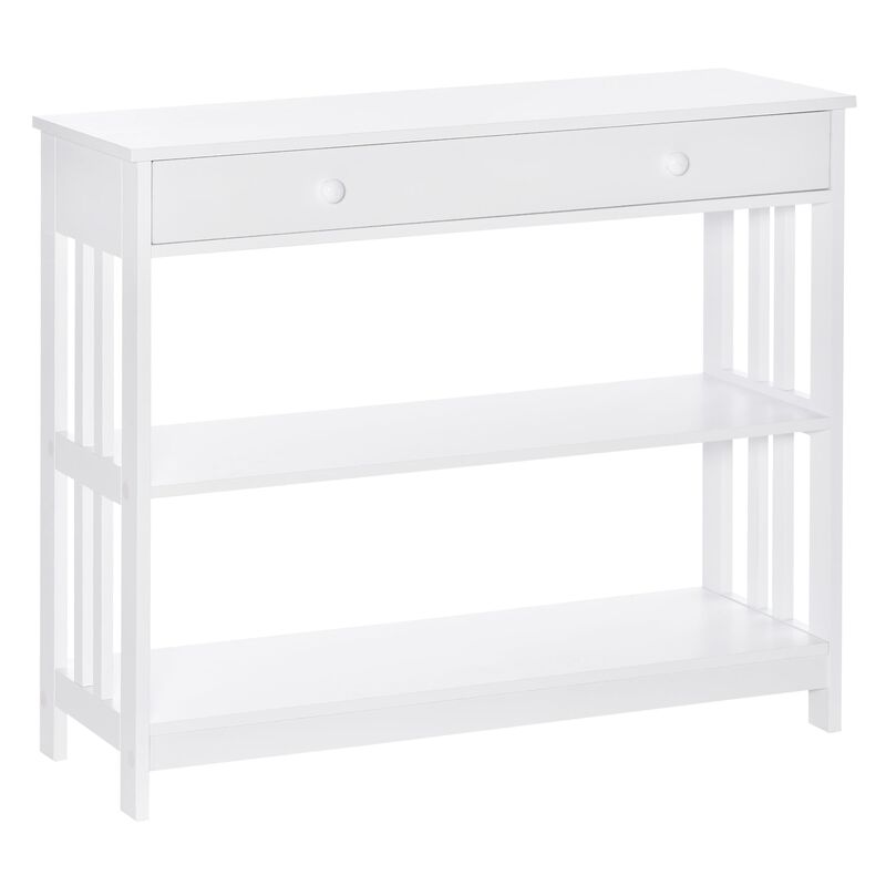 White Modern Console: Table with Drawers and Shelves for Living Room
