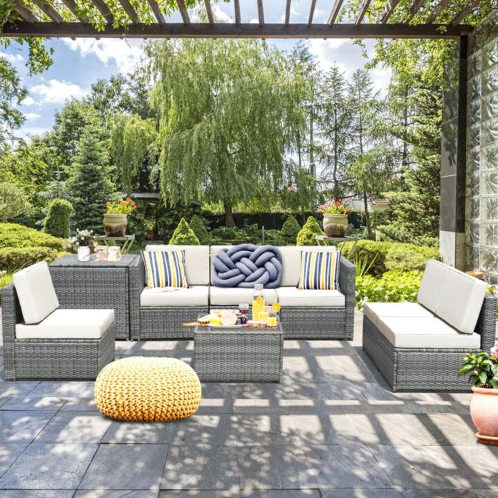 Hivvago 8 Pieces Wicker Sofa Rattan Dining Set Patio Furniture with Storage Table