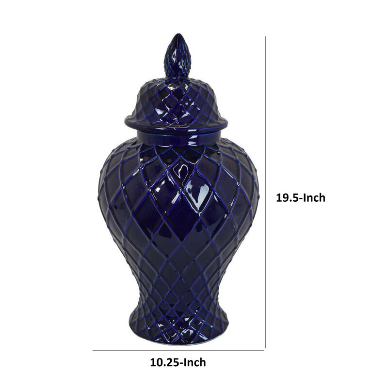 Livie 20 Inch Temple Ginger Jar, Geometric Design, Dome Lid, Ceramic, Blue - Benzara