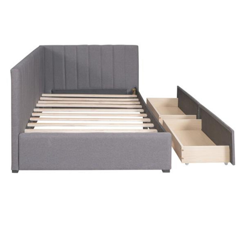 Upholstered Daybed with 2 Storage Drawers Twin Size Sofa Bed Frame No Box Spring Needed, Linen Fabric (Beige)