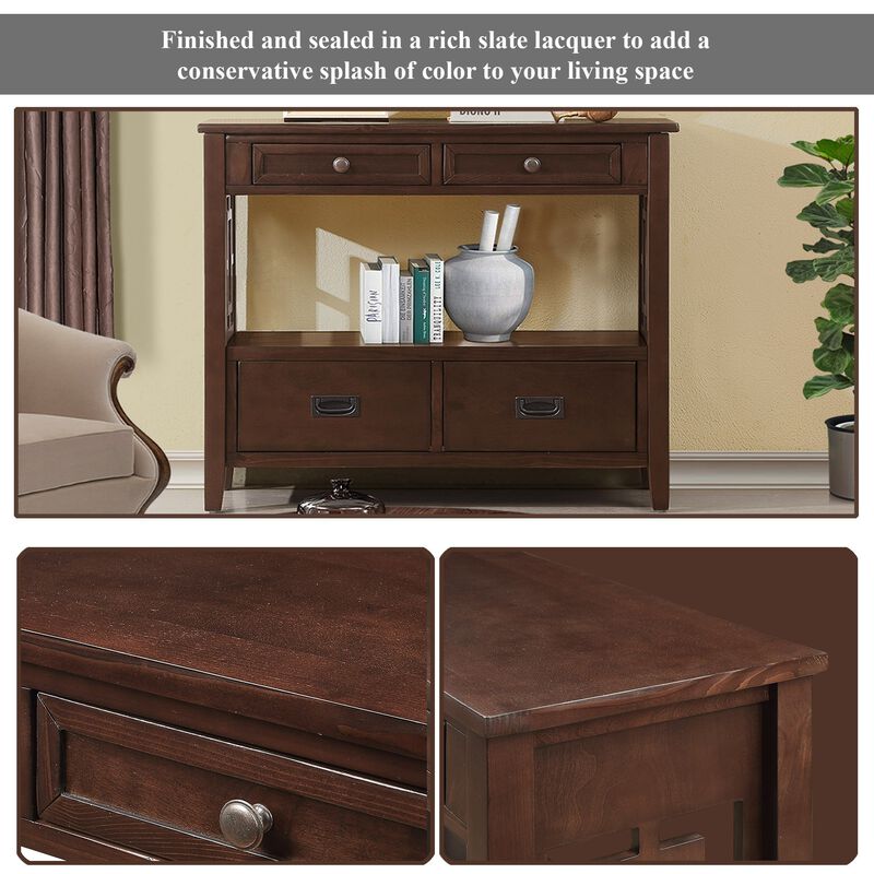 36" Farmhouse Pine Wood Console Table Entry Sofa Table With 4 Drawers & 1 Storage Shelf