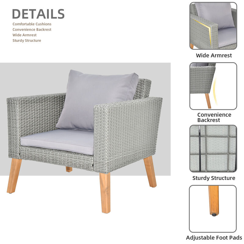 Resin Rattan and Wood Patio Set 4-Piece Conversation Furniture with Cushions