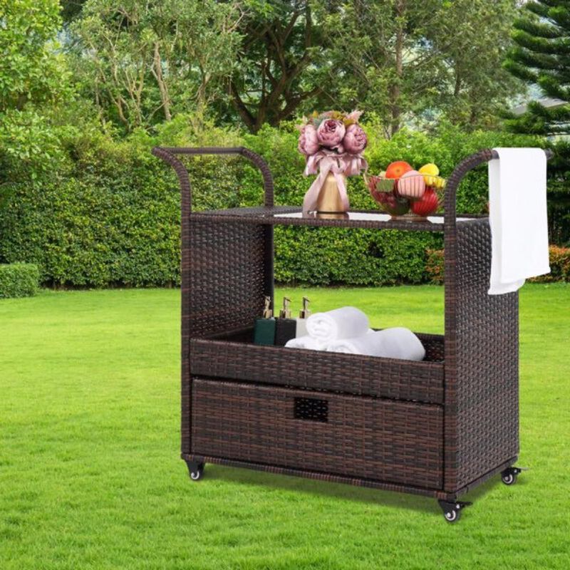Outdoor Patio Serving Bar Cart Rolling Beverage Cart with Storage for Drinks & Snacks