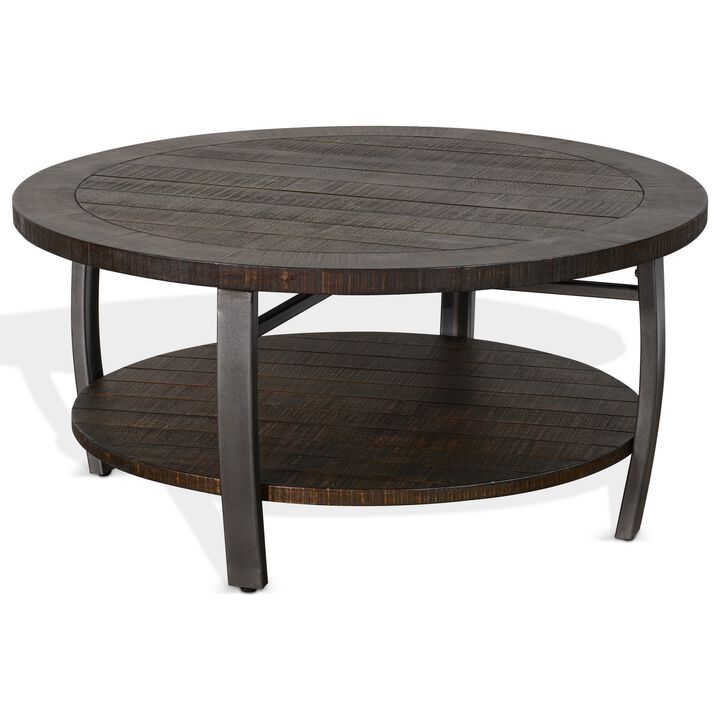 Flint Coffee Table w Shelf, Barrel Shape, 38 Inch Dark Brown Round Top - Benzara