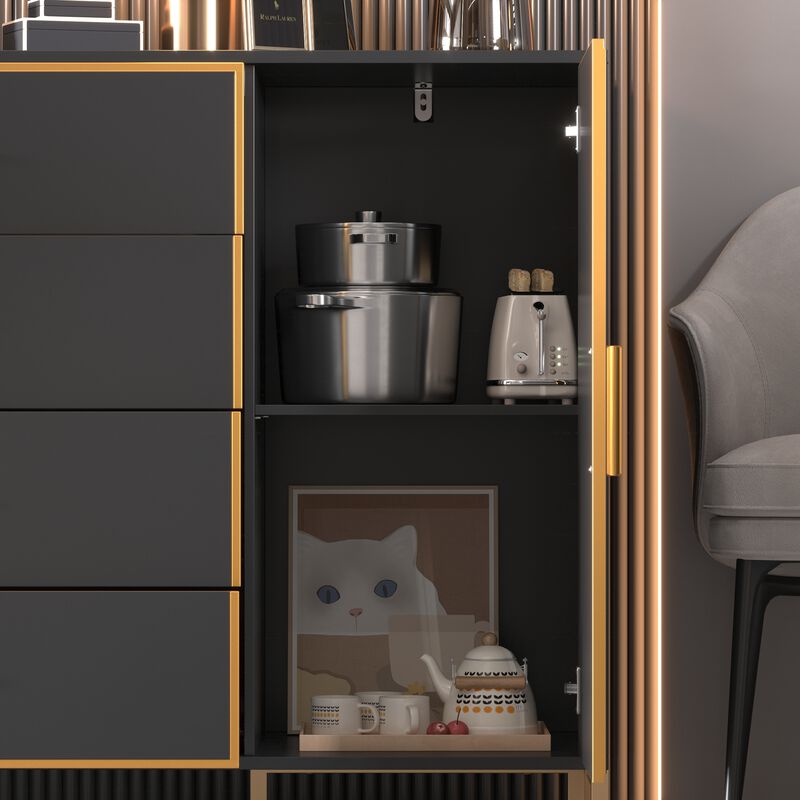 FUFU&GAGA Modern 4-Drawer Storage Cabinet with Gold Accents, Adjustable Shelves, Black Finish (63" W x 36.6" H x 15.7" D),Black
