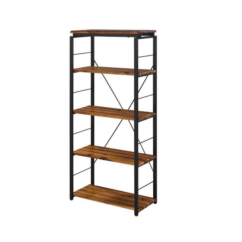 Industrial Bookshelf with 4 Shelves and Open Metal Frame, Brown and Black-Benzara