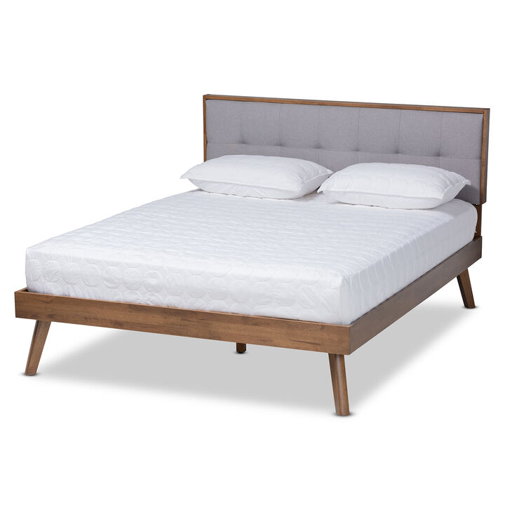 Baxton Studio Alke Mid-Century Modern Dark Grey Fabric Upholstered Walnut Brown Finished Wood King Size Platform Bed