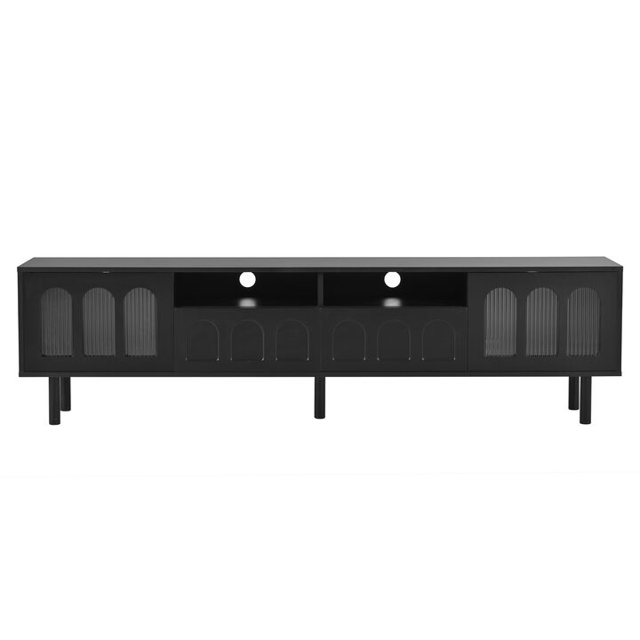 Clihome Cream Style TV Stand with LED Light Strip for TVs Up to 80'', Graceful Entertainment Center with 5 Solid Wood Legs, Large Storage Media Console with Fluted Tempered Glass Doors, Black