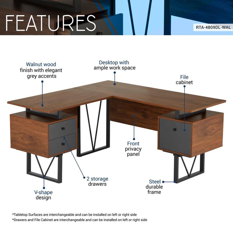 Techni Mobili Reversible L-Shape Computer Desk, Drawers and File Cabinet, Walnut