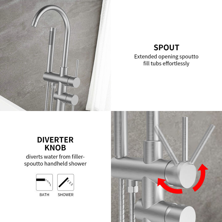 Freestanding Tub Faucet, Brushed Nickel Floor Mount Bathtub Filler with Swivel Spout & Hand Shower