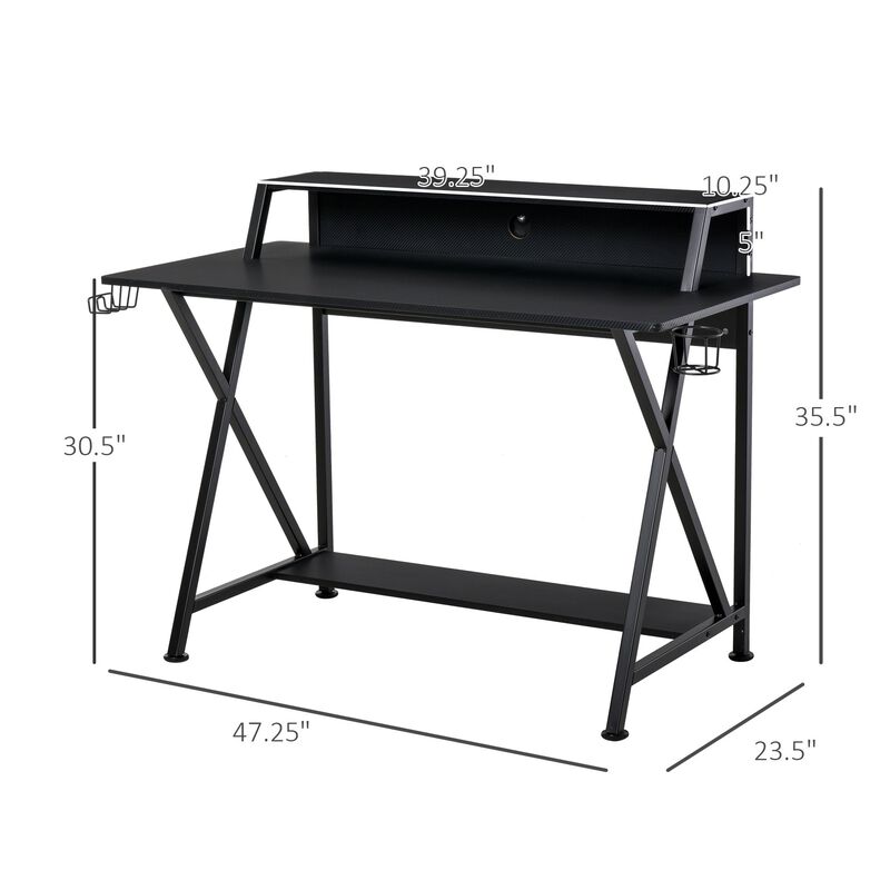 Black Gamer Station: Racing Style Desk with Monitor Shelf