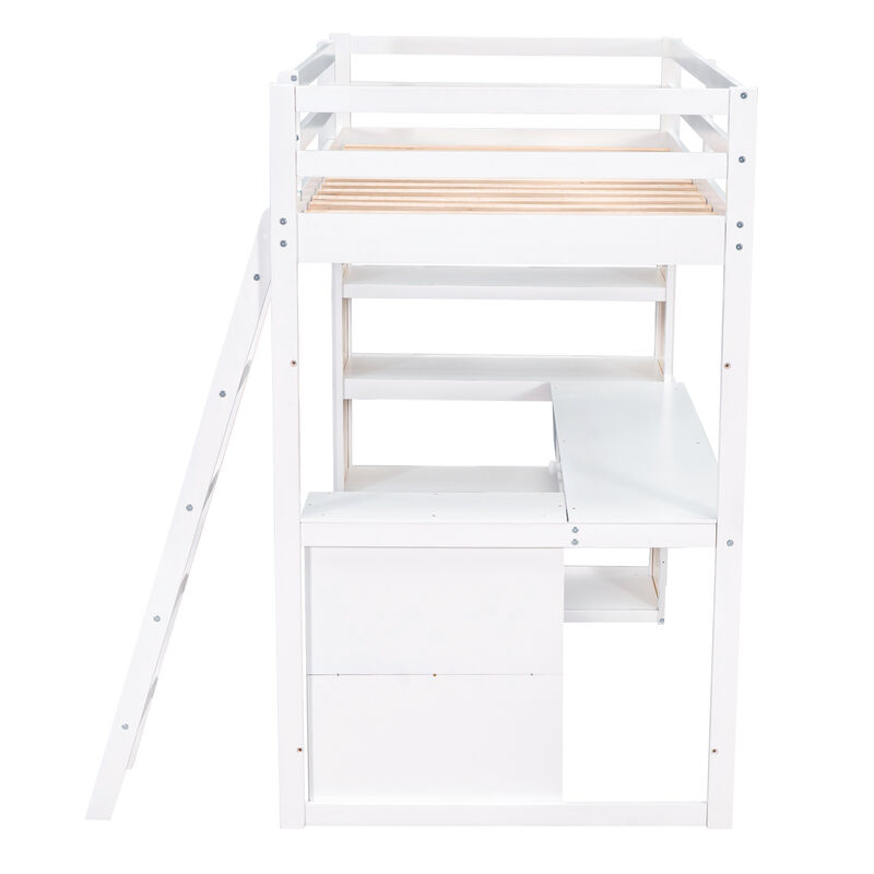 Merax Twin Size Loft Bed with Ladder, Shelves, and Desk