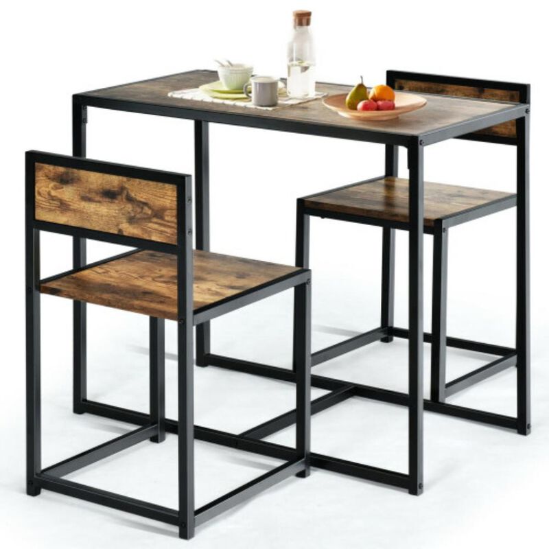 3 Pcs Dining Set Compact Table and 2 Chair with Metal Frame for for Small Space