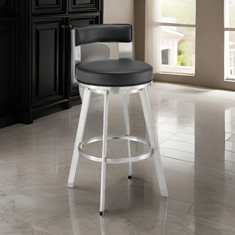 Ami 30 Inch Swivel Barstool Chair, Black Faux Leather, Stainless Steel - Benzara