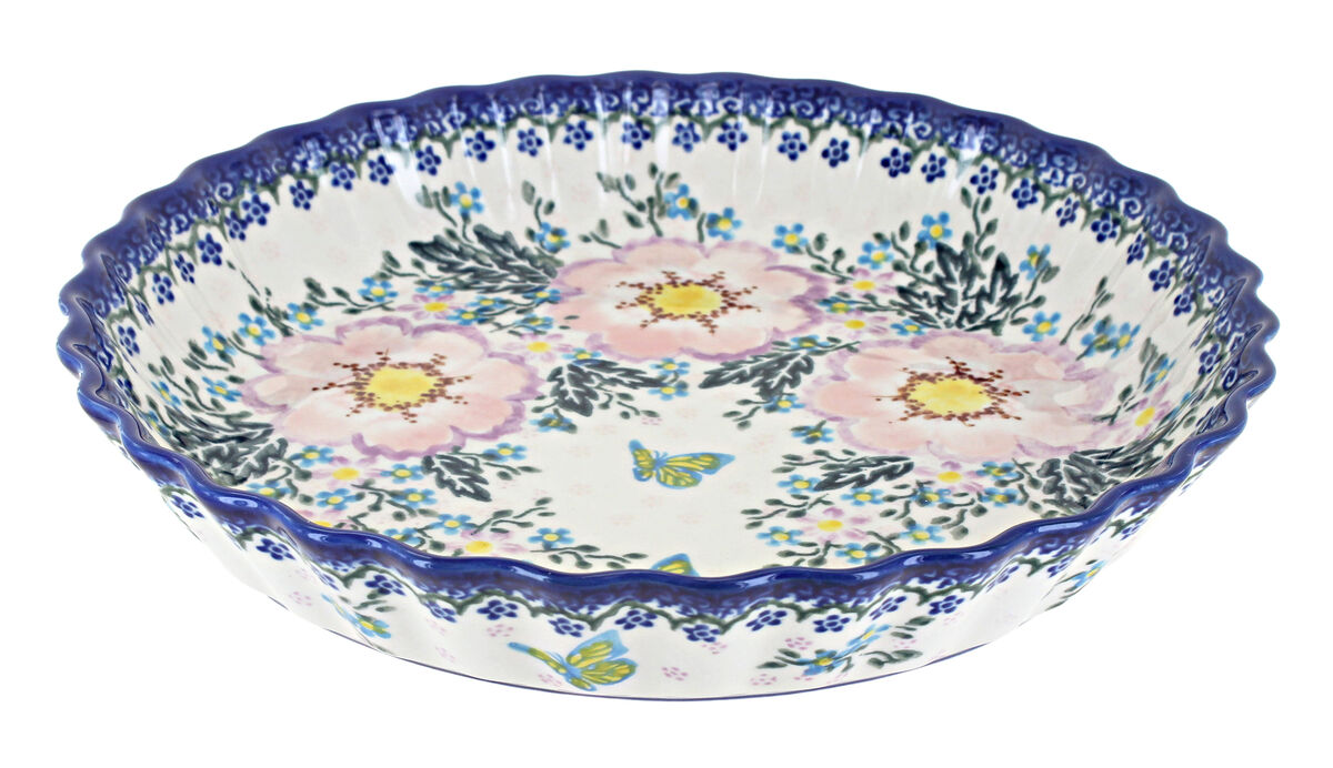 Blue Rose Polish Pottery Apple Blossom Pie Plate