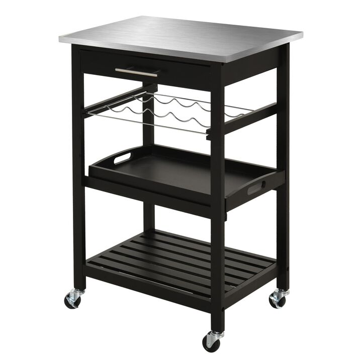 Black Culinary Companion: Pine 3-Tier Kitchen Cart with Steel Top