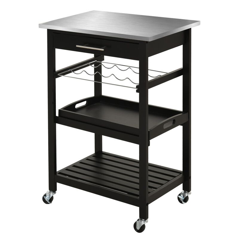 Black Culinary Companion: Pine 3-Tier Kitchen Cart with Steel Top