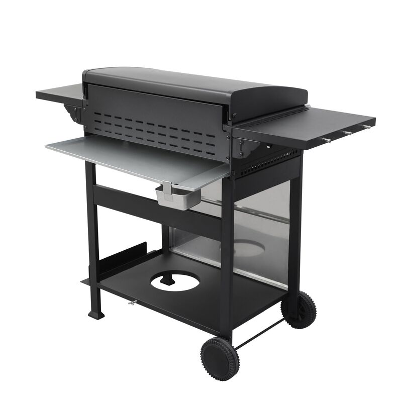 MONDAWE 4-Burner Propane Gas BBQ Grill, SS Plancha, 49200BTU Output With Wire Enamel Cooking Grids For Outdoor Barbecue, Foldable Side Table, Hanging Basket, Stainless Steel
