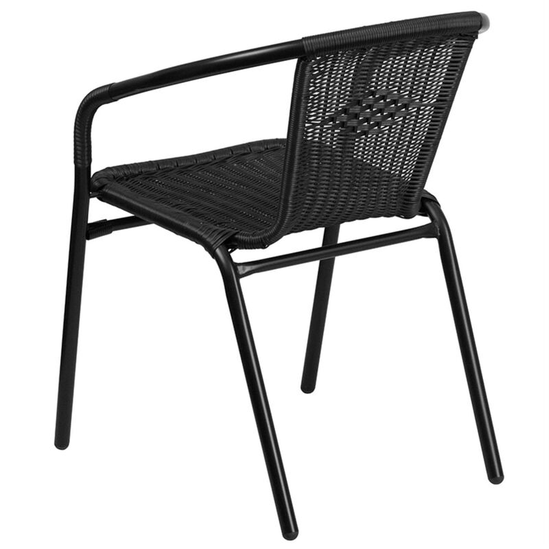 Flash Furniture Lila 28'' Round Glass Metal Table with Black Rattan Edging and 2 Black Rattan Stack Chairs