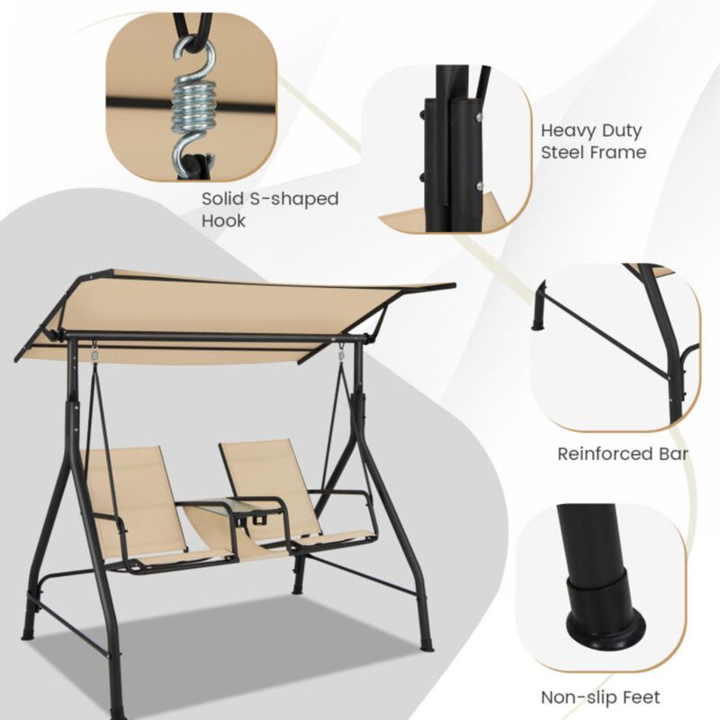 Hivvago 2-Seat Outdoor Cushioned Porch Swing with Adjustable Canopy and Tempered Glass Table-Beige