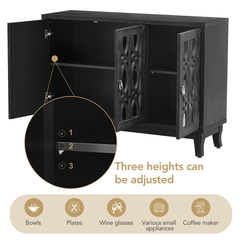 Sideboard With Glass Doors, 3 Door Mirrored Buffet Cabinet With Handle For Living Room