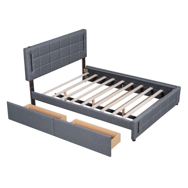 Streamdale Queen Size Upholstered Platform Bed With Trundle And Drawers, Gray