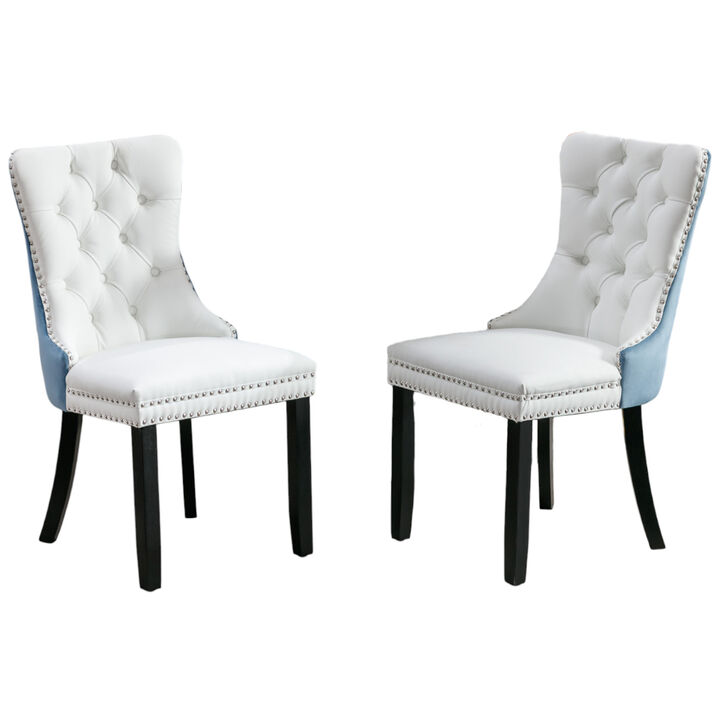 Set of 2 Upholstered Dining Chairs, Tufted Back, Nailhead Trim, Solid Wood Legs