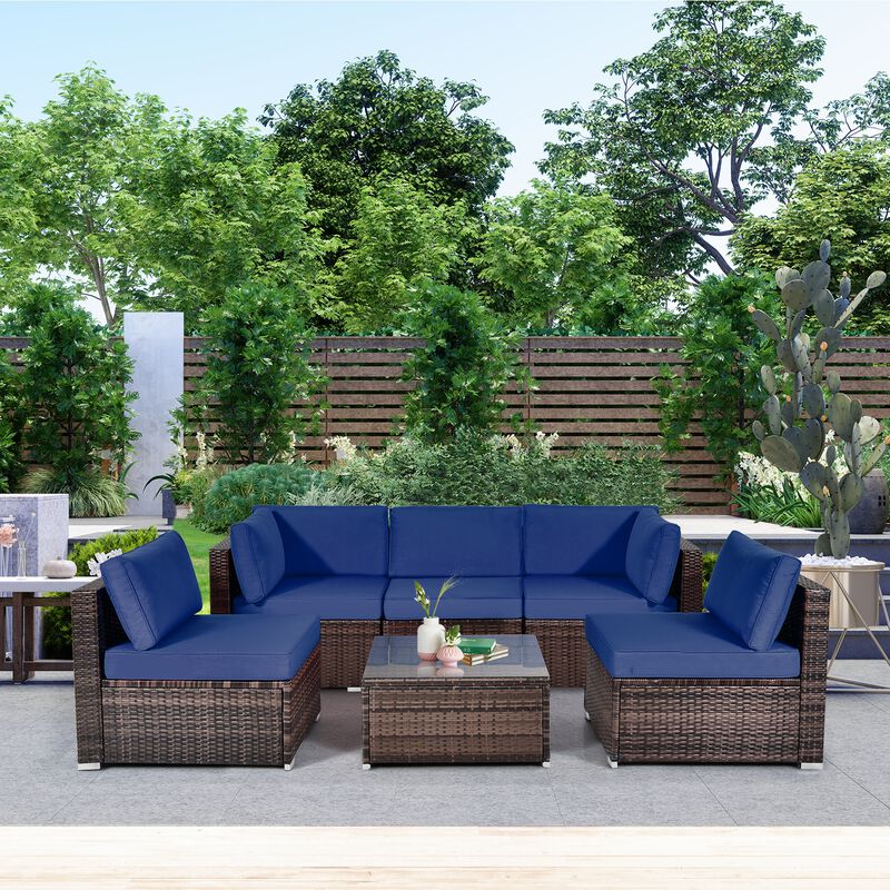 6 Pieces Patio Rattan Furniture Set with Cushions and Glass Coffee Table