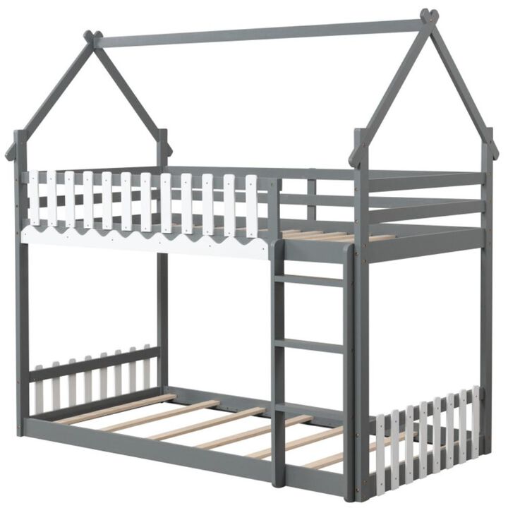 Hivvago Twin Over Twin Bunk Bed with Fence and Ladder for Kids