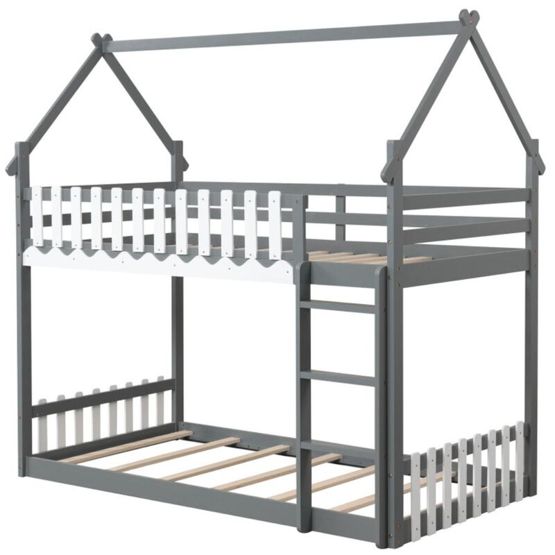 Hivvago Twin Over Twin Bunk Bed with Fence and Ladder for Kids