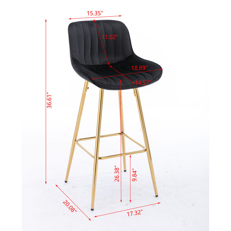 Set of 2 Bar Stools, with Chrome Footrest Velvet Fabric Counter Stool Golden Leg Simple Bar Stool