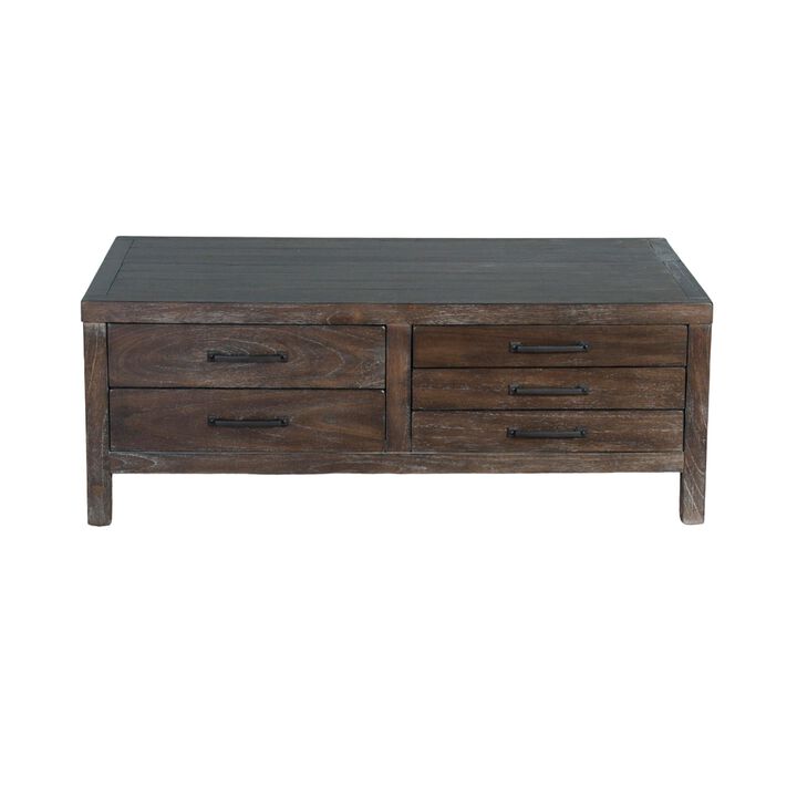 Nikay Coffee Table, 5 Drawers, Dark Brown Mindi, Rectangular 50 Inch - Benzara
