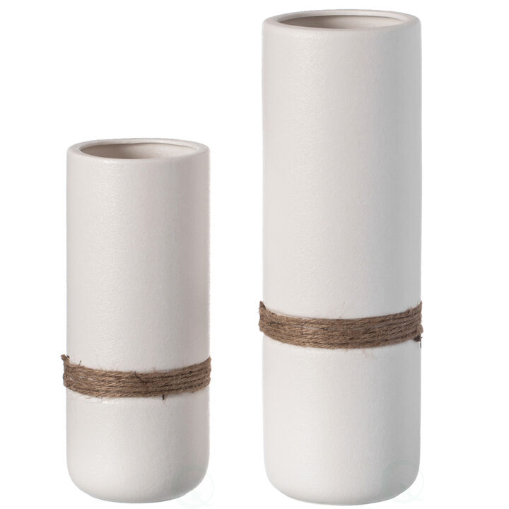 Decorative Modern Ceramic Cylinder Shape Table Vase Flower Holder with Rope, Black Set of 2