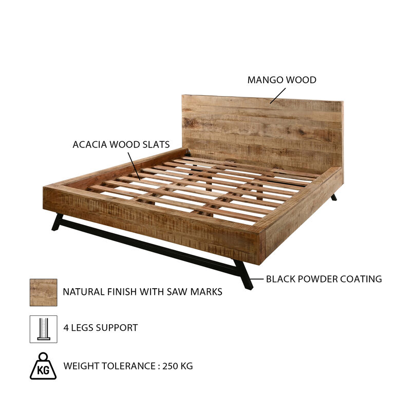 Bree Modern Rustic Queen Size Platform Bed, Brown Acacia & Mango Wood Frame, Black Iron Angled Legs