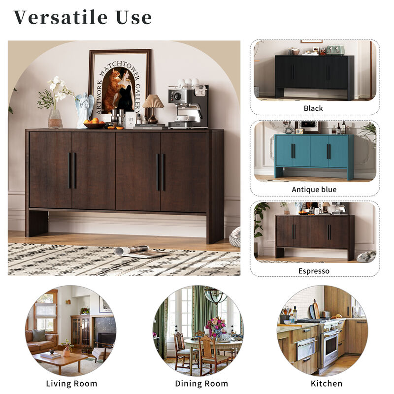Clihome Sideboard Buffet Cabinet with Storage, Retro Sideboard Cabinet with Adjustable Shelves and Long Handles, 4-Door Wood Sideboard for Kitchen, Dining Room and Living Room (Espresso)