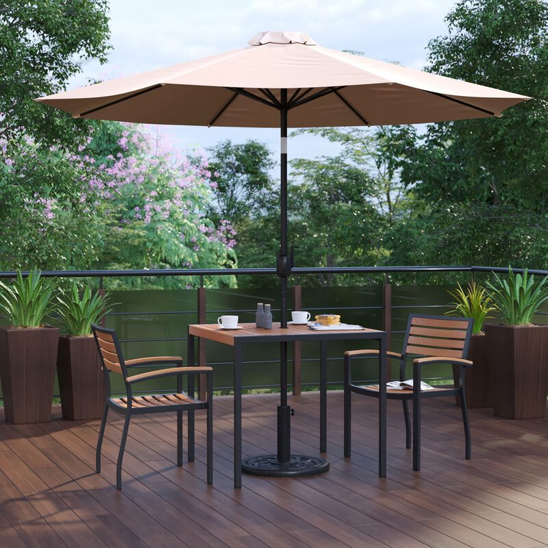 Flash Furniture 5 Piece Outdoor Patio Dining Table Set - 2 Synthetic Teak Stackable Chairs with Arms - 35" Square Table - Tan Umbrella with Base