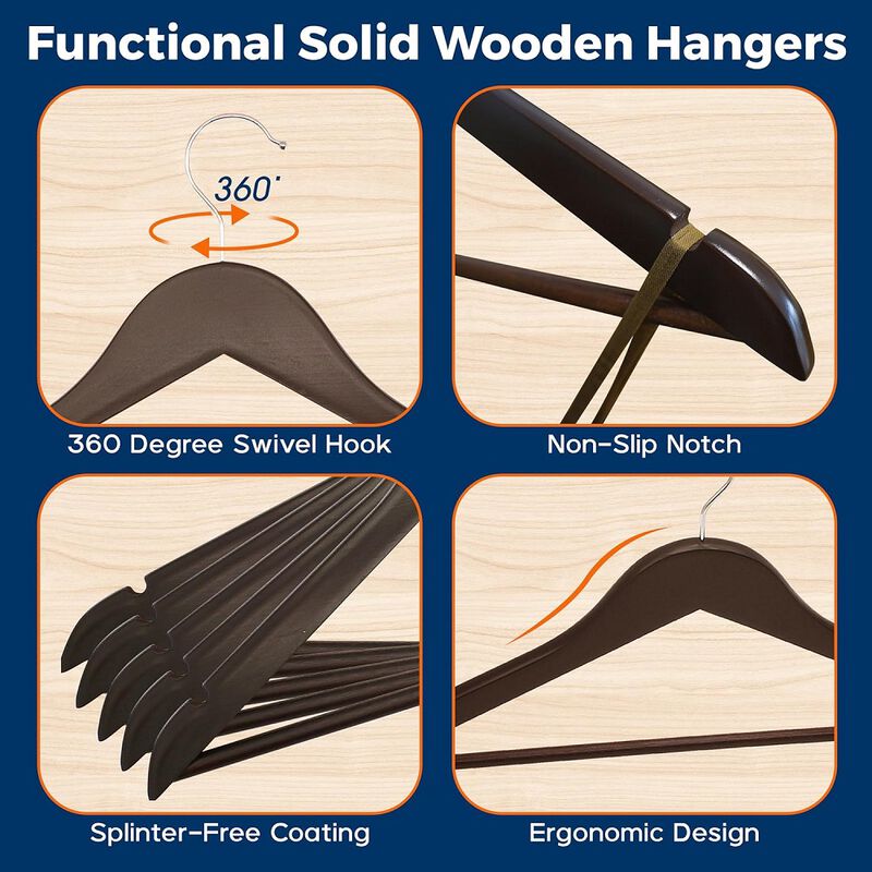 Wooden Clothes Hangers - 30 Pack, Durable, Non-Slip, Space-Saving Hangers for Dresses, Coats, and More, Holds Up to 10 lbs with 360° Swivel Hook, Brown Finish