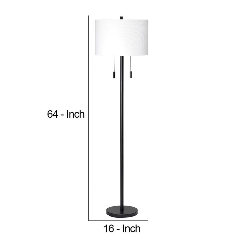 Floor Lamp with Drum Shade and Pull Chain, White and Black-Benzara