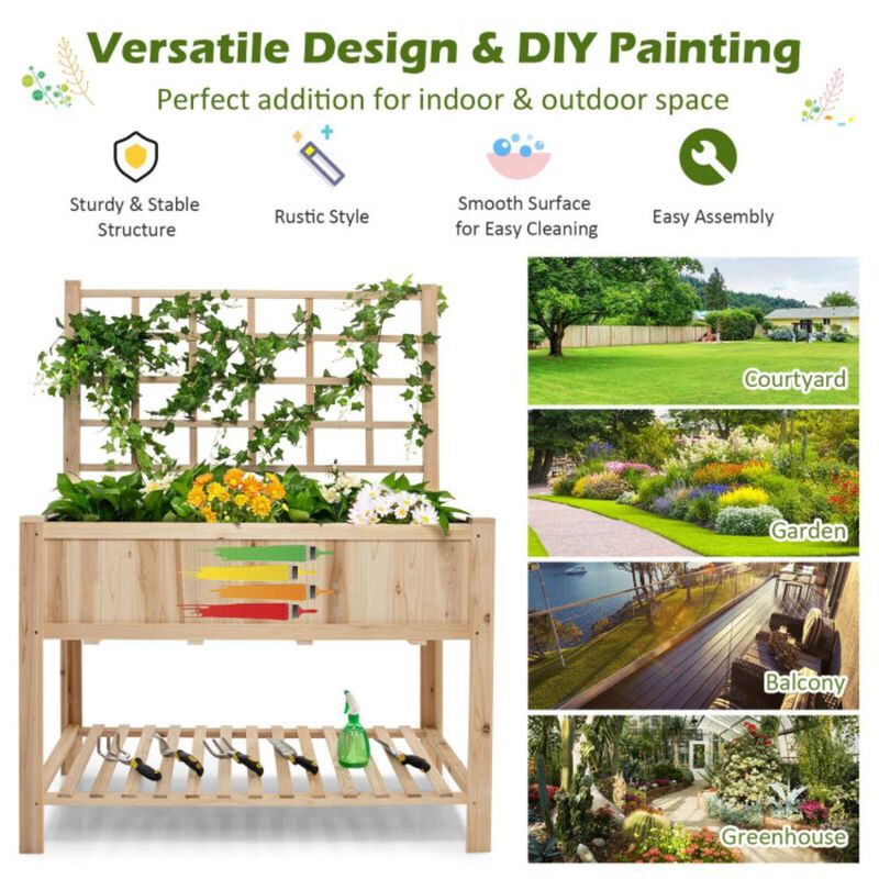 Hivvago Raised Garden Bed Elevated Wooden Planter Box with Trellis